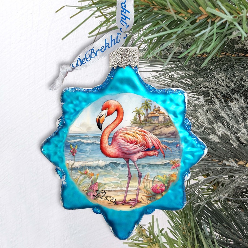 Nautical Christmas Ornaments – Flamingo Keepsake Glass Ornaments by G. Debrekht – Coastal Holiday Decor – 777394