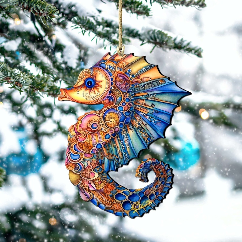 Nautical Christmas Ornaments – Mosaic Seahorse Wooden Ornaments by  Coastal Holiday Decor – 8688191