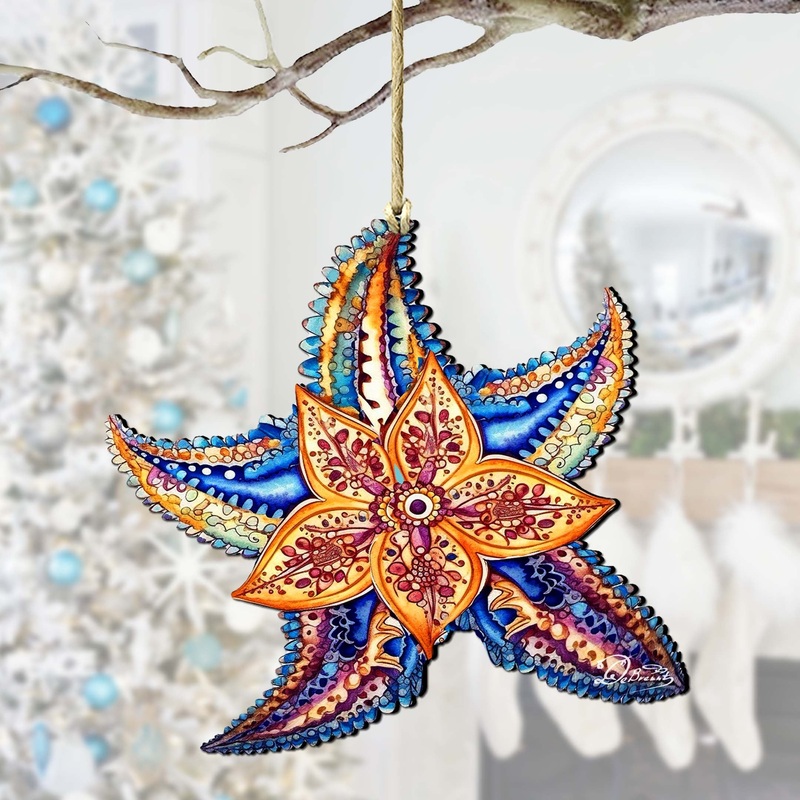 Nautical Christmas Ornaments – Mosaic Starfish Wooden Ornaments by  Coastal Holiday Decor – 8688180