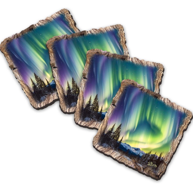 Northern Lights Wooden Cork Coasters Gift Set of 4 by Nature Wonders Nature Wildlife Decor  – 95391C-S4