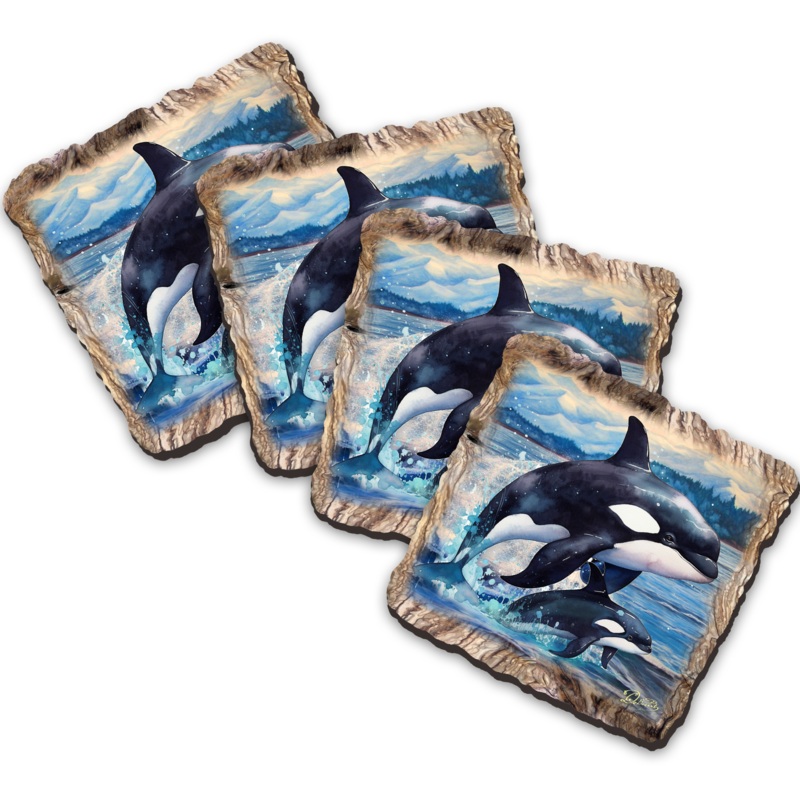 Orca Wooden Cork Coasters Gift Set of 4 by Nature Wonders Coastal Nature Wildlife Decor  – 95396C-S4