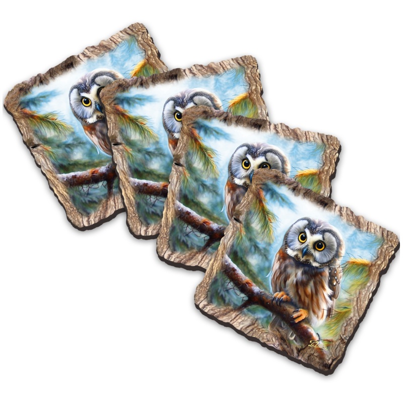 Owl Wooden Cork Coasters Gift Set of 4 by Nature Wonders Nature Wildlife Decor  – 95389C-S4