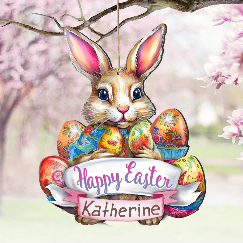 Personalized Easter Ornaments, Personalized Gift, Easter Basket Tag – Baby Name Happy Easter Bunny with Eggs Wooden Ornaments by G. Debrekht Easter Spring Decor – 8652785P