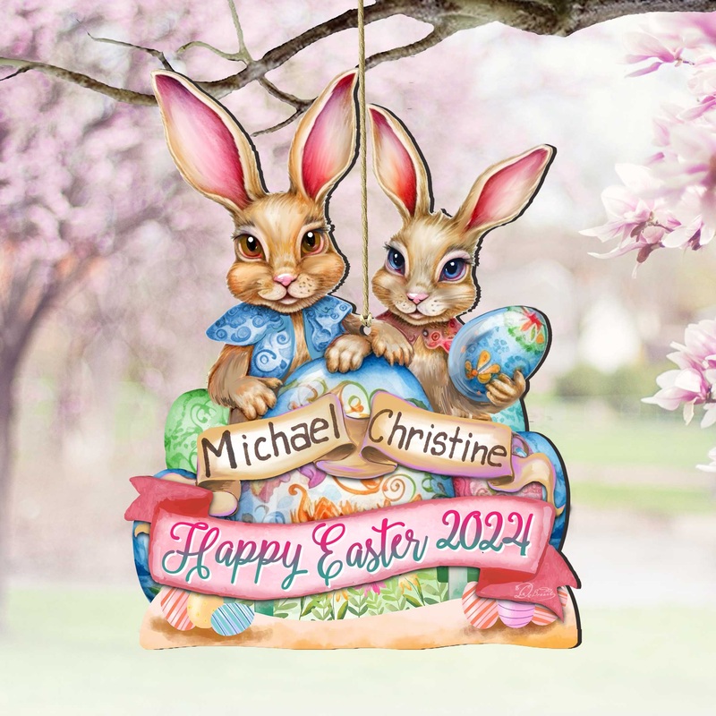 Personalized Easter Ornaments, Personalized Gift, Easter Basket Tag – Happy Easter Bunnies Wooden Ornaments by G. Debrekht Easter Spring Decor – 8652782P-24