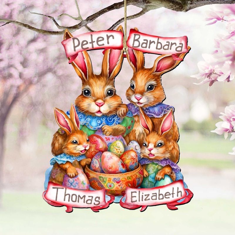 Personalized Family Easter Ornaments, Easter Basket Tag – 4 Family Member Names Bunny with Eggs Wooden Ornaments by G. Debrekht Easter Spring Decor – 8652787P