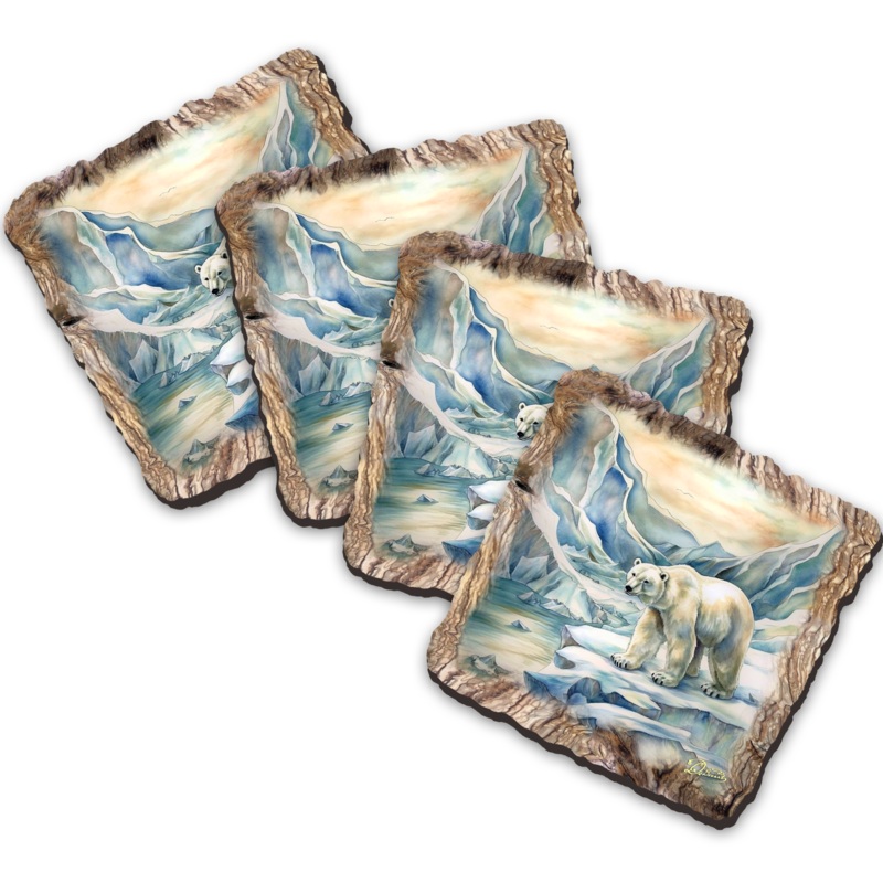 Polar Bear Wooden Cork Coasters Gift Set of 4 by Nature Wonders Nature Wildlife Decor  – 95400C-S4