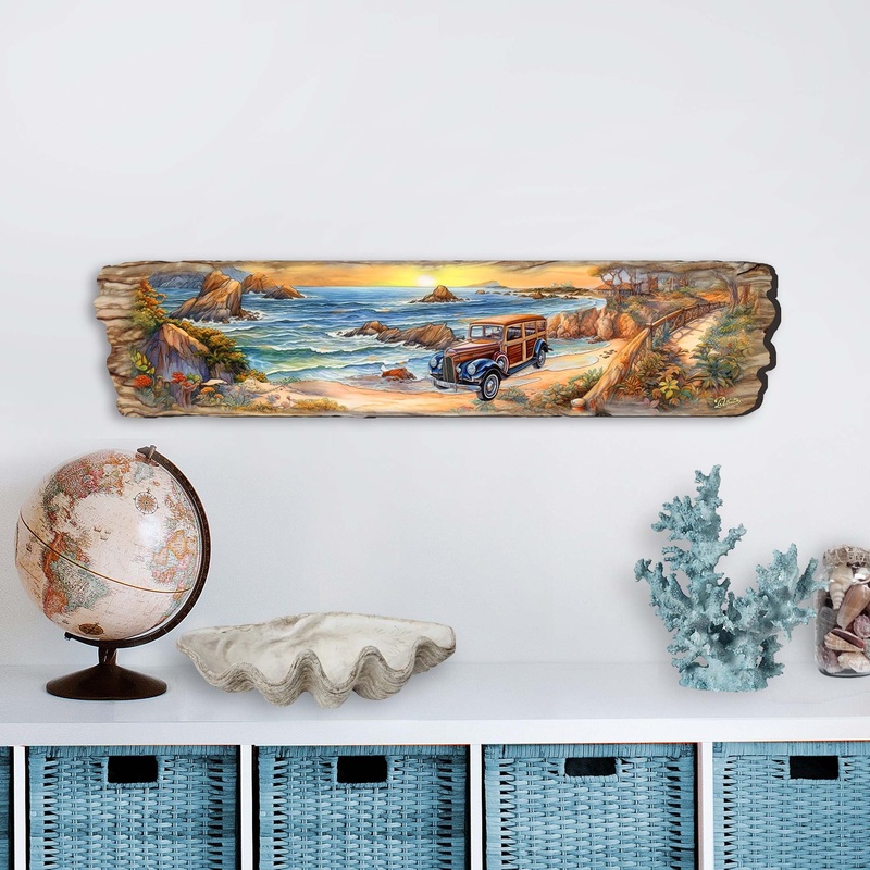 Retro Car on Beach Wooden Wall Art by G. DeBrekht Coastal Decor – 8491114W