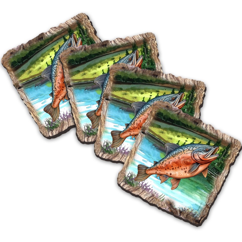 Salmon Wooden Cork Coasters Gift Set of 4 by Nature Wonders Coastal Nature Wildlife Decor  – 95394C-S4