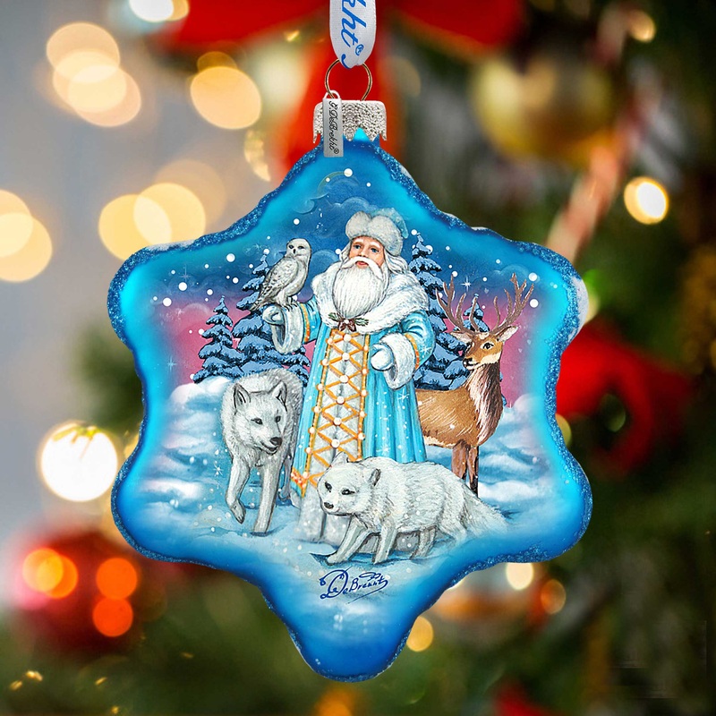 Santa Arctic Story Snowflake Glass Ornament by G. DeBrekht – Christmas Santa Snowman Decor – 754-011B