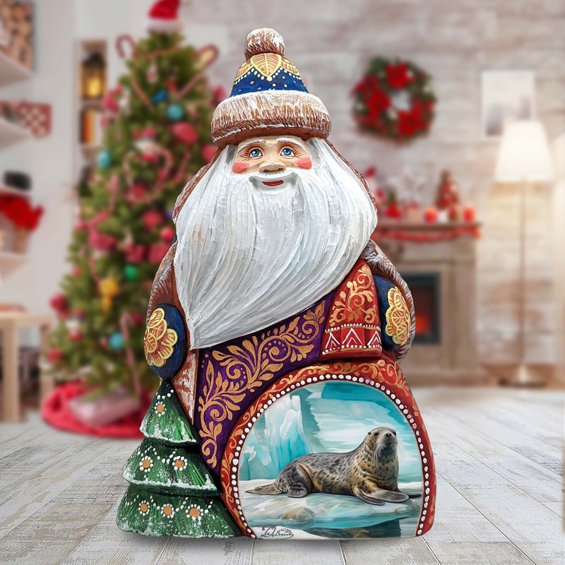 Sea Lion Santa Hand-Painted WOODCARVED Masterpiece Figurine by G. DeBrekht – Christmas Decor – 8206026