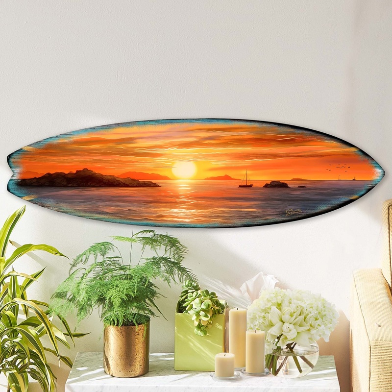 Sunset Symphony Surfboard Coastal Wall Art by G. DeBrekht – Coastal Holiday Decor – 8490133HS