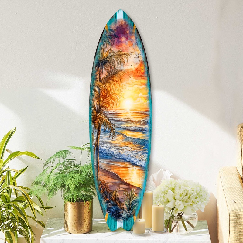 Surfboard Coastal Wall Art – Golden Waves Ocean Sunset Wall Art by G. DeBrekht – Coastal Holiday Decor – 8490136HS