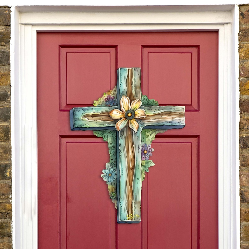 Teal Cross Holiday Door Decor by G. Debrekht – Easter Spring Decor – 8688164H