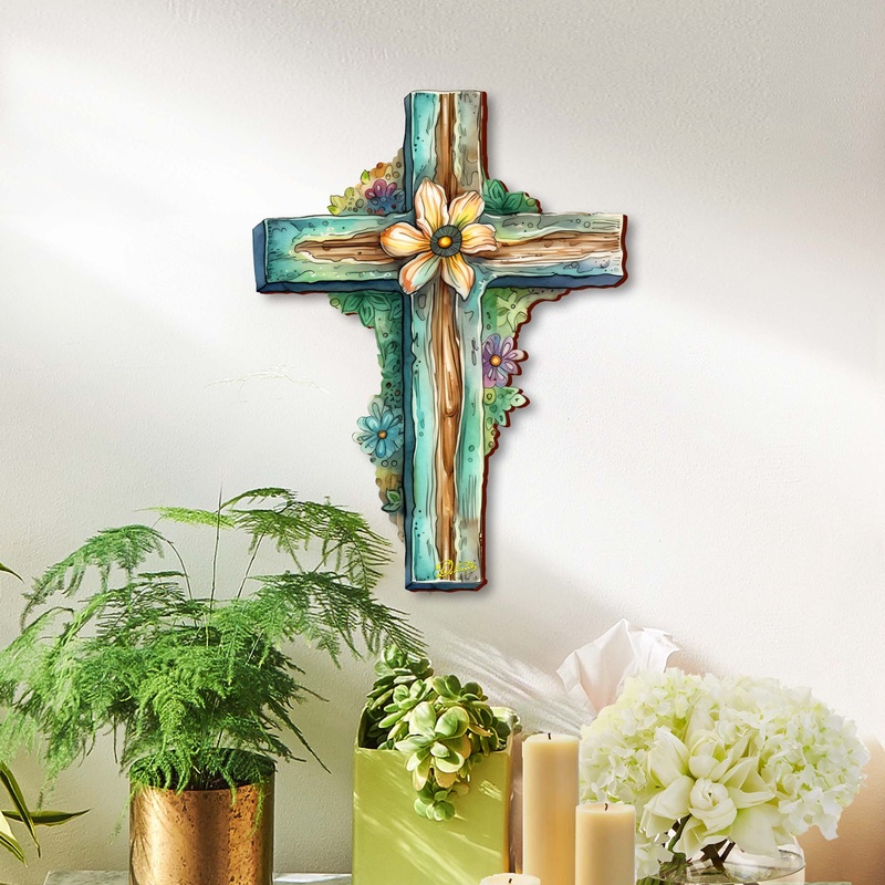 Teal Wooden Cross by G. Debrekht – Easter Spring Decor – 88164