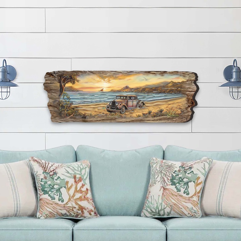 Vintage Car at the Beach Wooden Wall Art by G. DeBrekht Coastal Decor – 8491102W