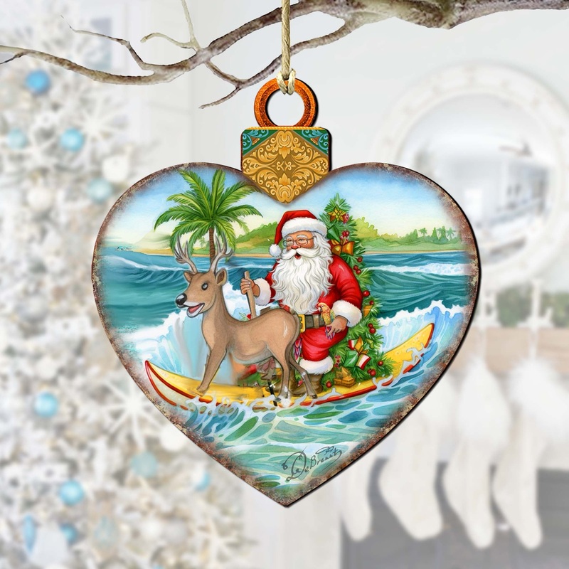 Wooden Christmas Ornaments – Surfing Santa Heart Wooden Ornaments by  – Coastal Holiday Decor – 8688174