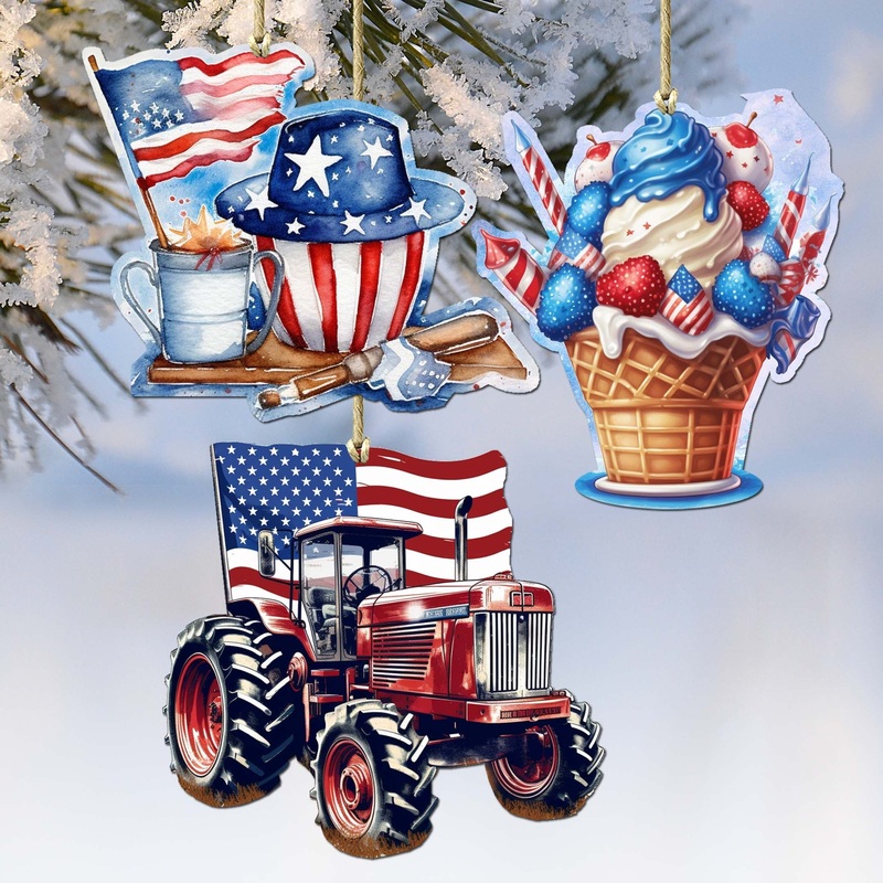 American Farmhouse Decorative Wooden Ornaments Set of 3 by G. Debrekht – Patriotic Decor – 8091001-S3