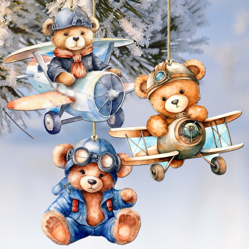 Aviator Teddy Bear Decorative Wooden Ornaments of 3 by G. Debrekht – Christmas Dcor – 8091010-S3