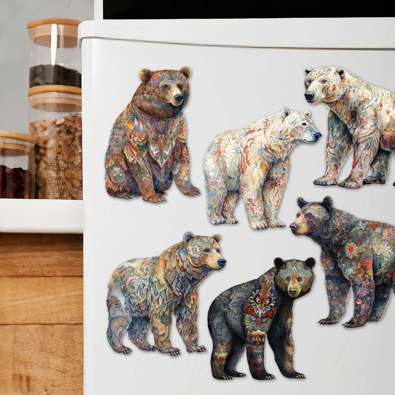 Bear Parade Decorative Wooden Magnets Set of 6 by G. Debrekht – Wildlife Decor – 8090106G-S6