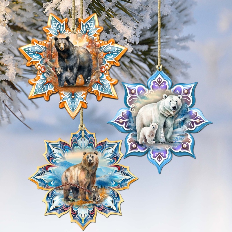 Bears Snowflake Wooden Ornaments Set of 3 by G. Debrekht – Nature Wildlife Decor – 8090143-S3