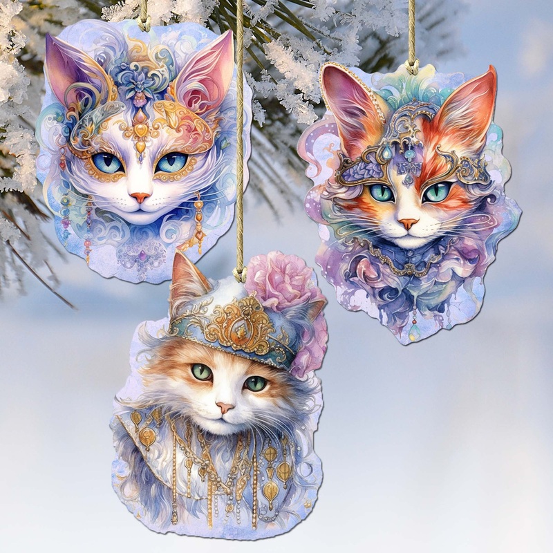 Beautiful Cats Decorative Wooden Ornaments Set of 3 by G. Debrekht – Christmas Decor – 8091033-S3