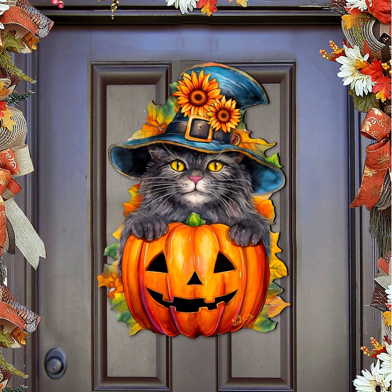 Black Cat Pumpkin Holiday Door Decor by G. DeBrekht – Halloween Decor – 8652794H