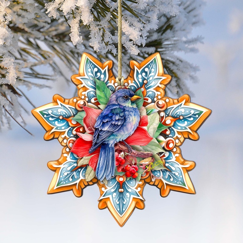 Blue Bird Snowflake Wooden Ornaments by G. Debrekht – Nature Wildlife Decor – 8688410