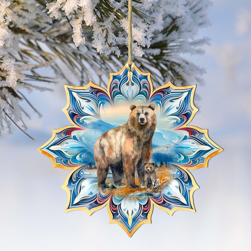 Brown Bear Snowflake Wooden Ornaments by G. Debrekht – Nature Wildlife Decor – 8688409