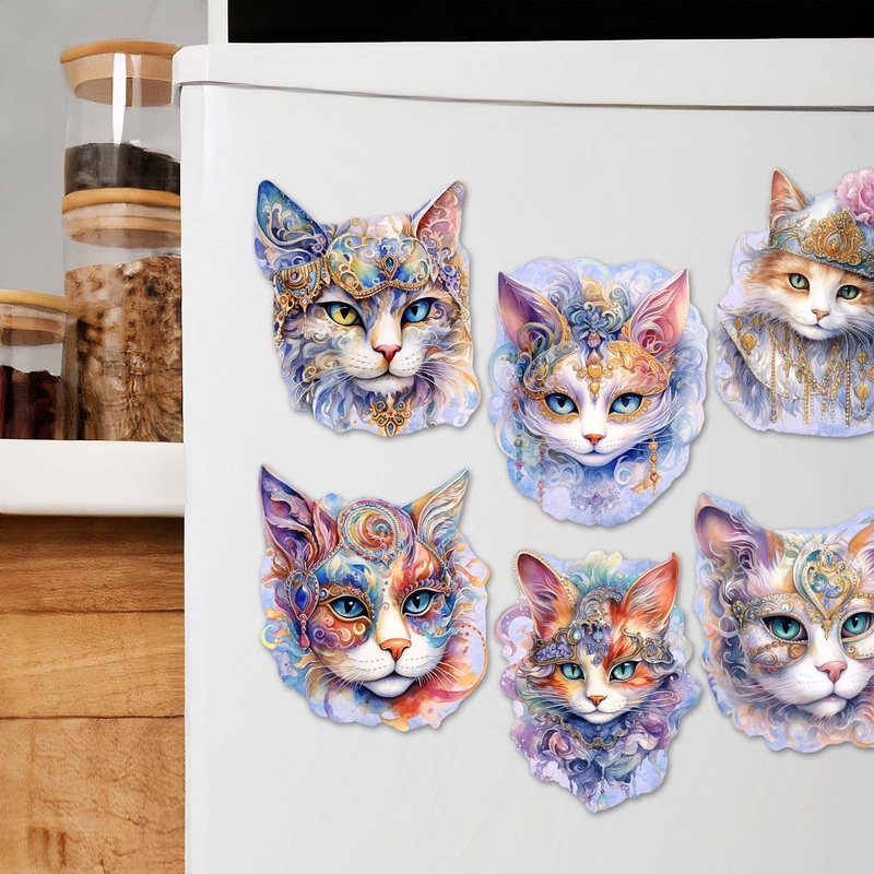 Cats Masks Decorative Wooden Magnets Set of 6 by G. Debrekht – Christmas Decor – 8090033G-S6