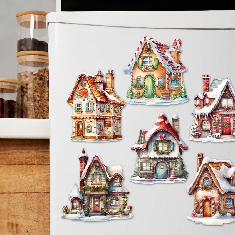 Christmas Houses Decorative Wooden Magnets Set of 6 by G. Debrekht – Christmas Decor – 8090024G-S6