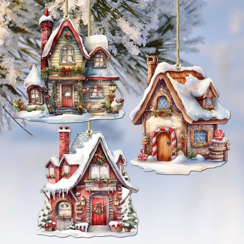 Christmas Houses Decorative Wooden Ornaments Set of 3 by G. Debrekht – Christmas Decor – 8091024-S3