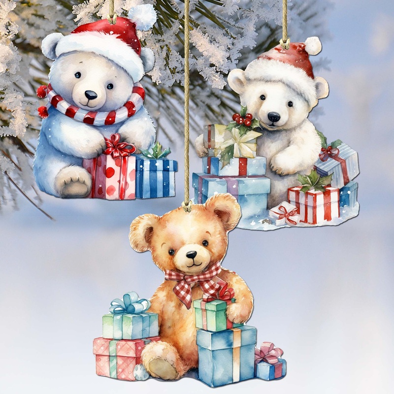 Christmas Teddy Bear Decorative Wooden Ornaments of 3 by G. Debrekht – Christmas Dcor – 8091011-S3