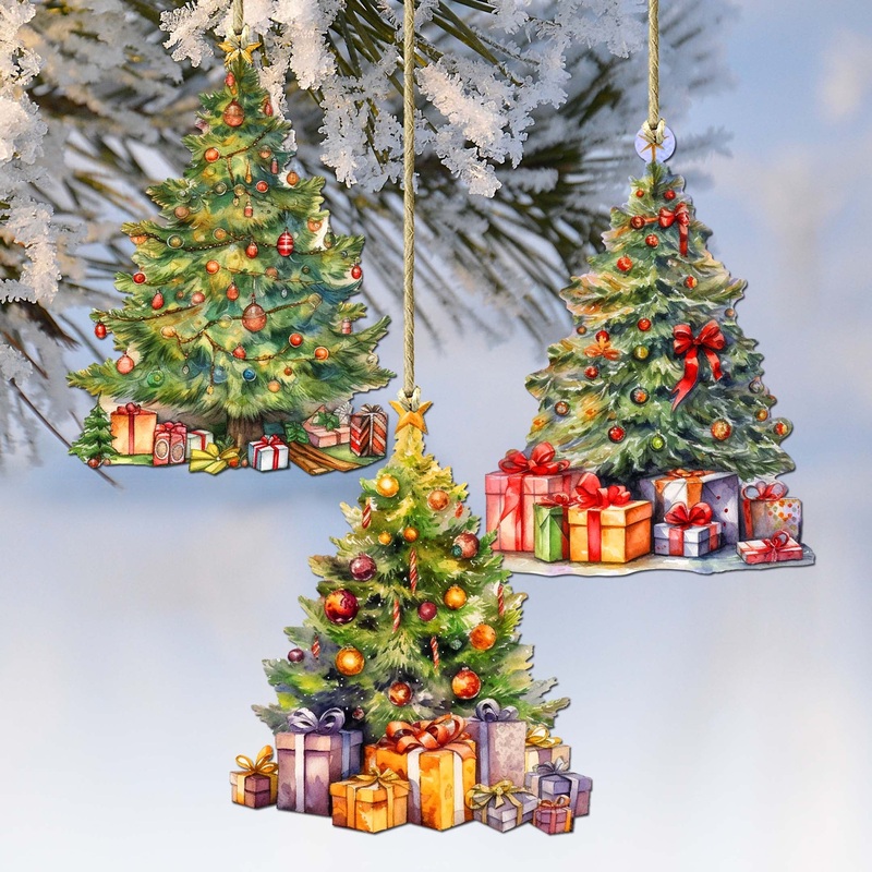 Christmas Tree Decorative Wooden Ornaments Set of 3 by G. Debrekht – Christmas Decor – 8091044-S3