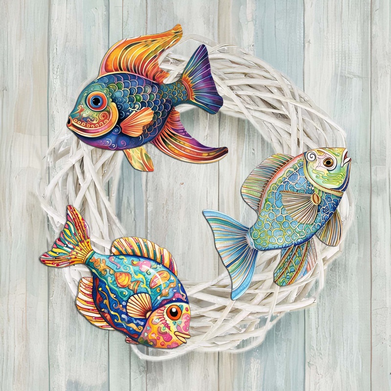 Coastal Fish Decorative Wooden Clip-on Ornaments Set of 3 by G. Debrekht – Coastal Decor – 8091034C-S3