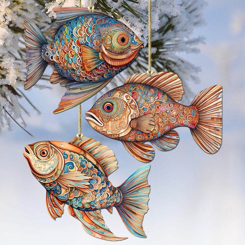 Coastal Fish Decorative Wooden Ornaments Set of 3 by G. Debrekht – Coastal Decor – 8091034-S3