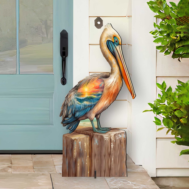 Coastal Pelican Outdoor Indoor Decor Wooden Decoration by G. Debrekht – Coastal Holiday Decor – 8652801F