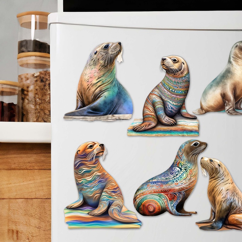 Coastal Sea Lions Decorative Wooden Magnets Set of 6 by G. Debrekht – Wildlife Decor – 8090112G-S6