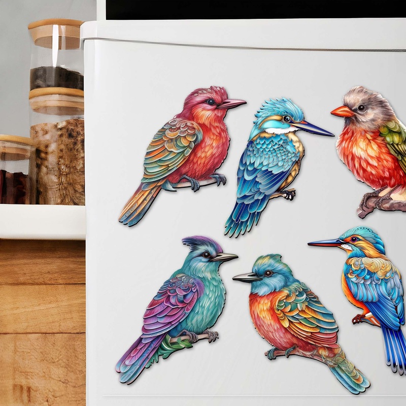 Colorful Birds Decorative Wooden Magnets Set of 6 by G. Debrekht – Wildlife Decor – 8090003G-S6