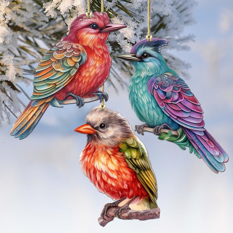 Colorful Birds Decorative Wooden Ornaments of 3 by G. Debrekht – Wildlife Decor – 8091003-S3