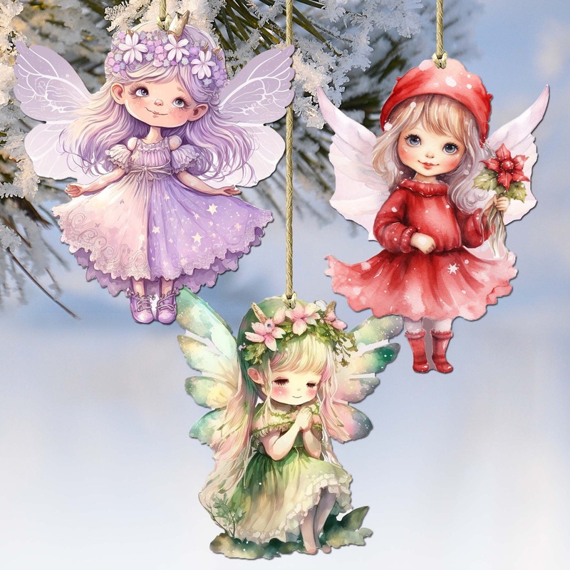 Colorful Fairies Decorative Wooden Ornaments of 3 by G. Debrekht – Love Family Decor – 8091006-S3