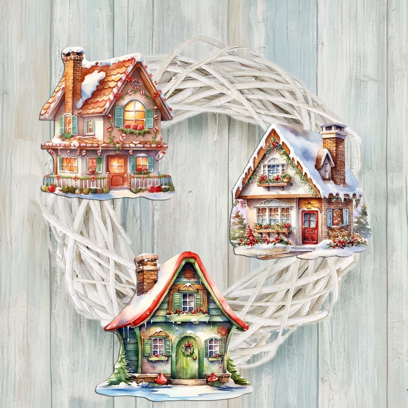 Dream Houses Decorative Wooden Clip-on Ornaments Set of 3 by G. Debrekht – Christmas Decor – 8091029C-S3