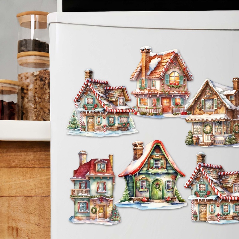 Dream Houses Decorative Wooden Magnets Set of 6 by G. Debrekht – Christmas Decor – 8090029G-S6