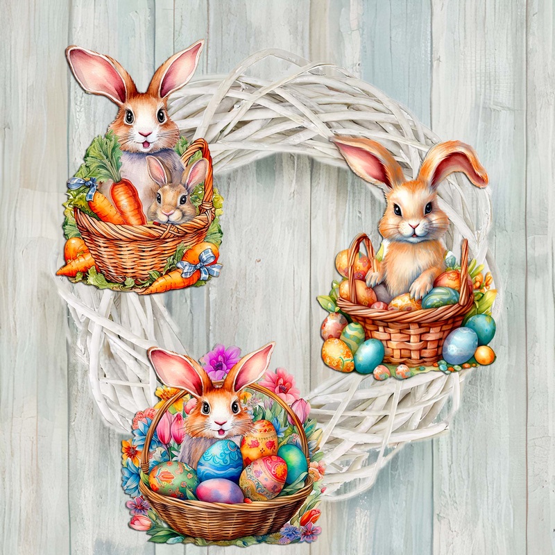 Eggs and Bunnies Decorative Wooden Clip-on Ornaments Set of 3 by G. Debrekht – Easter Decor – 8091057C-S3