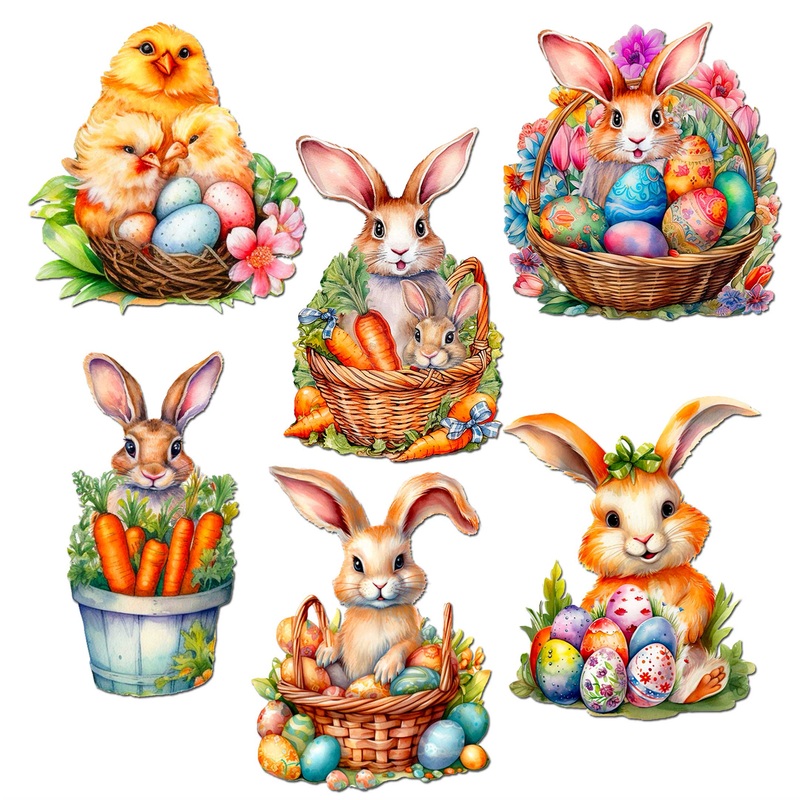 Eggs and Bunnies Decorative Wooden Magnets Set of 6 by G. Debrekht – Easter Decor – 8090057G-S6