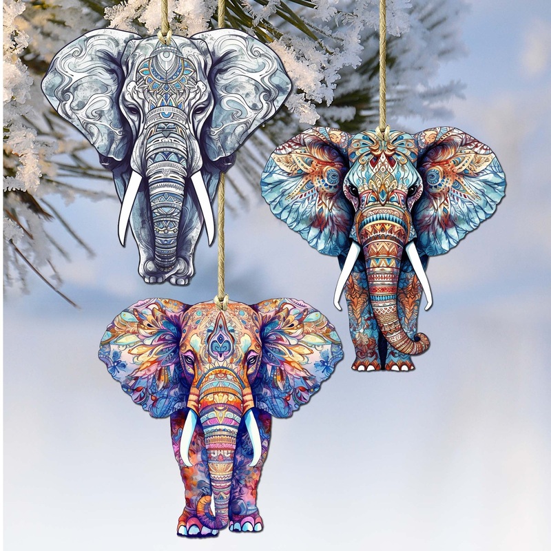Elephants Decorative Wooden Ornaments Set of 3 by G. Debrekht – Wildlife Decor – 8091036-S3