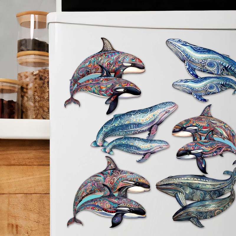 Embracing Whales Decorative Wooden Magnets Set of 6 by G. Debrekht – Wildlife Coastal Decor – 8090107G-S6