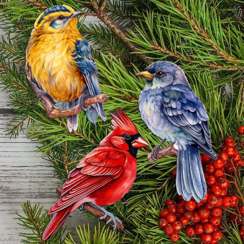 Forest Birds Decorative Wooden Ornaments Set of 3 by G. Debrekht – Nature Wildlife Decor – 8091005-S3