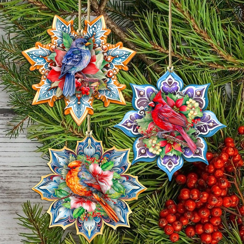 Forest Birds Snowflake Wooden Ornaments Set of 3 by G. Debrekht – Christmas Decor – 8090144-S3