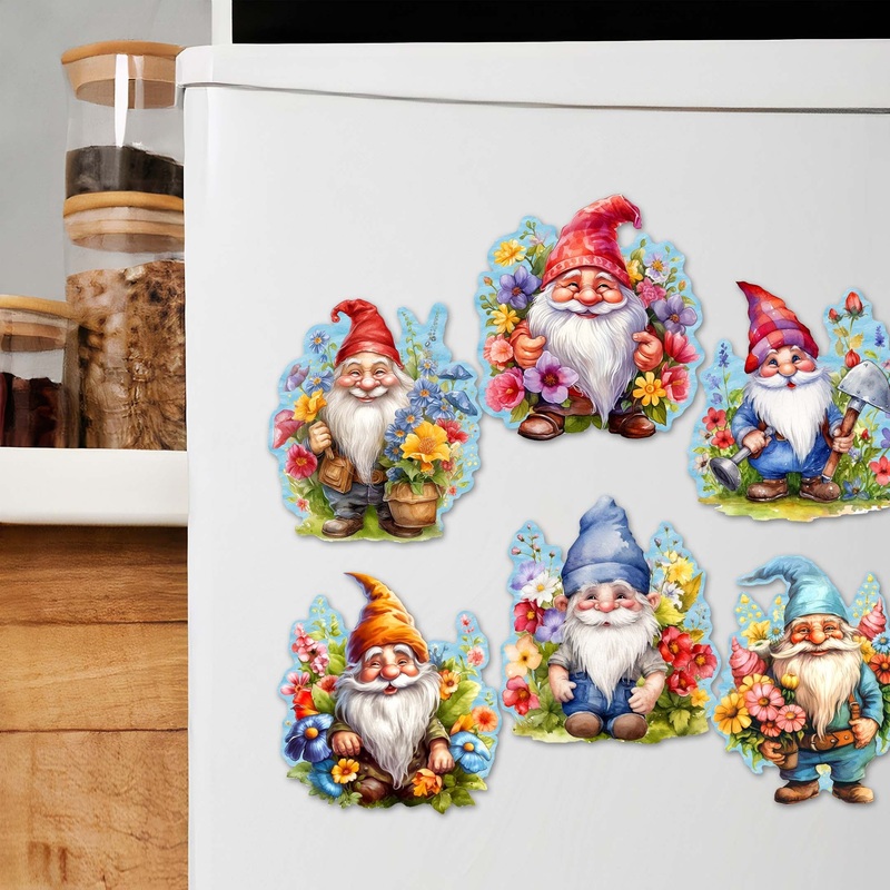 Garden Gnomes Decorative Wooden Magnets Set of 6 by G. Debrekht – Easter Spring Decor – 8090030G-S6