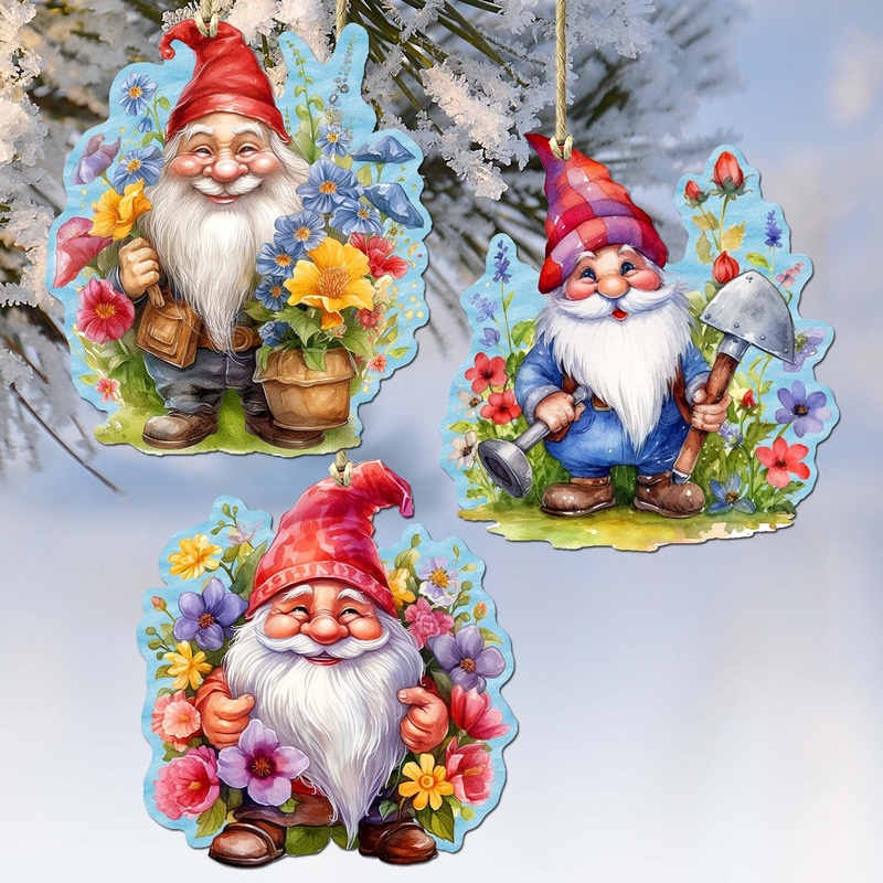 Garden Gnomes Decorative Wooden Ornaments Set of 3 by G. Debrekht – Spring Easter Decor – 8091030-S3